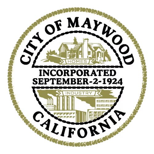 Seal of Maywood, California featuring homes, industry, and date of incorporation: September 2, 1924.