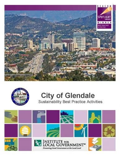 Image of Glendale skyline with text promoting sustainability practices and Institute for Local Government.