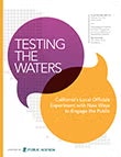 Cover titled "Testing the Waters" with colorful speech bubble design, focused on public engagement.