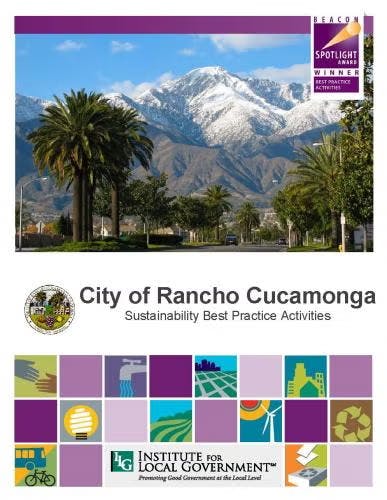 City of Rancho Cucamonga cover with palm trees and mountains, highlighting sustainability practices and featuring the Institute for Local Government.