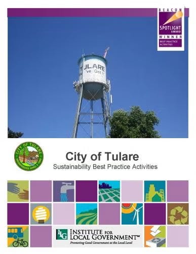 City of Tulare sustainability activities booklet cover, water tower image, and various logos.