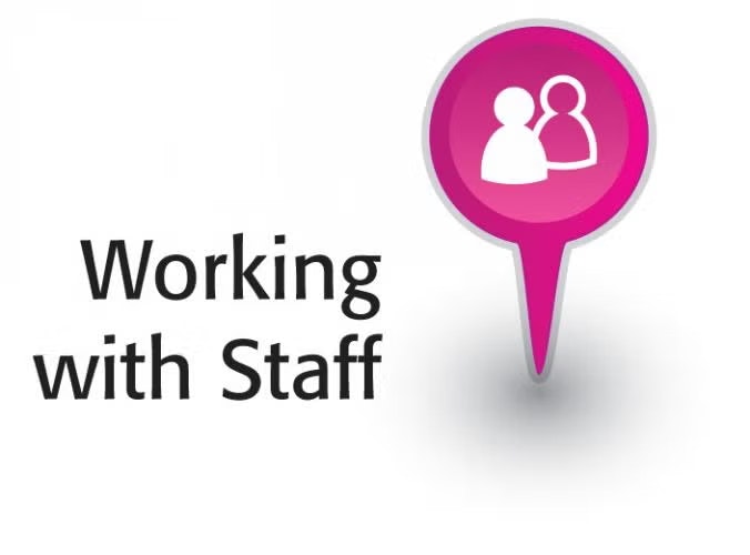 Pink icon of two people with text "Working with Staff."