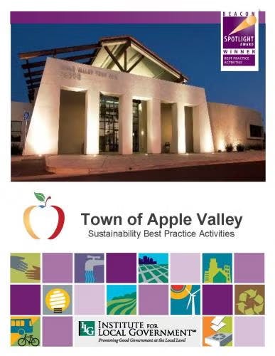 The image shows a building in Apple Valley, highlighting sustainability practices and awards from the Institute for Local Government.