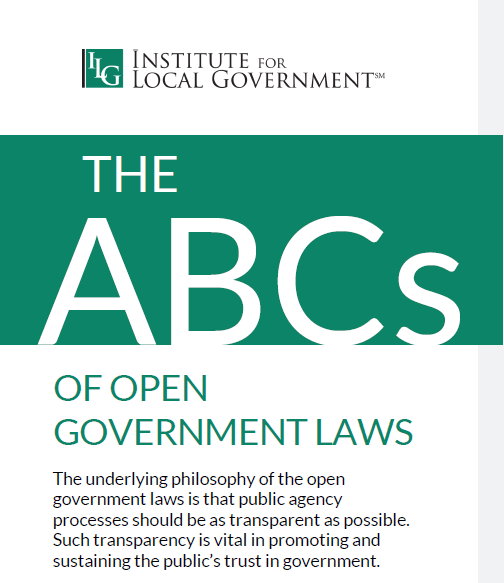 The image features a guide titled "The ABCs of Open Government Laws," emphasizing transparency in public agency processes.