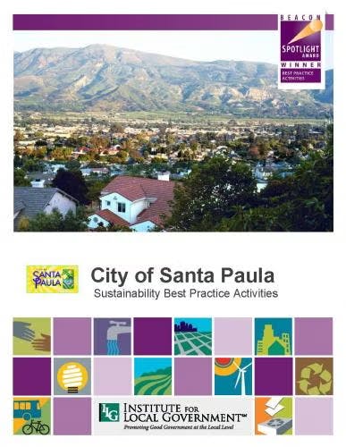 Cover image for the City of Santa Paula showcasing sustainability practices, featuring a mountain view and award recognition.
