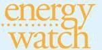 The image shows the text "energy watch" in orange letters on a light blue background.