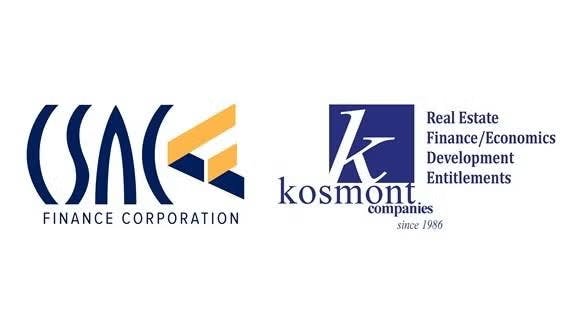 Logos of CSAC Finance Corporation and Kosmont Companies, focusing on finance, real estate, development, and entitlements.