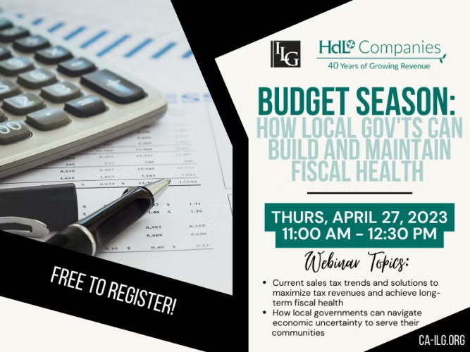 Webinar on building fiscal health for local governments, happening April 27, 2023, 11:00 AM – 12:30 PM. Free registration.