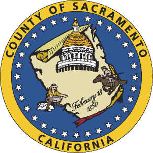 Seal of Sacramento County, California, featuring the Capitol dome, miners, and February 18, 1850, set within a yellow-bordered circle.