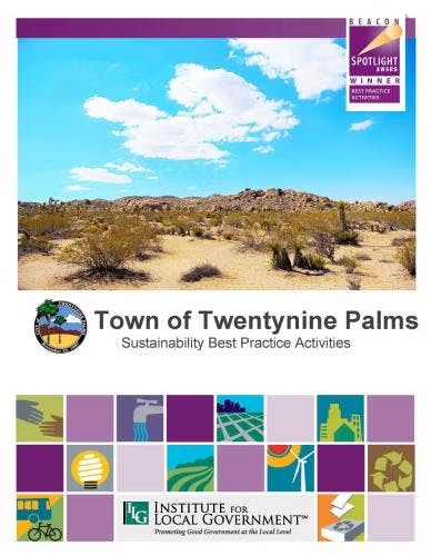 Cover for "Town of Twentynine Palms: Sustainability Best Practice Activities" with landscape photo and logos.