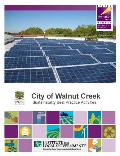 City of Walnut Creek's sustainability activities showcased with solar panels, award, and sustainability icons.