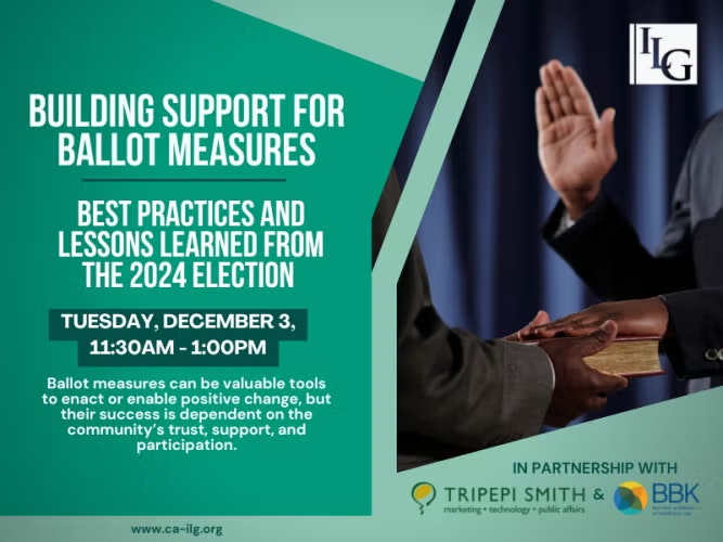 Event on building support for ballot measures, discussing best practices from the 2024 election, happening December 3, 11:30 AM - 1:00 PM.