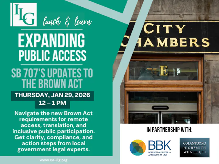 Invitation to a lunch & learn on Jan 29, 2026, discussing updates to the Brown Act and public access, featuring legal experts.