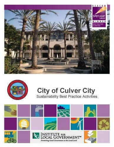 City of Culver City sustainability practices flyer, featuring a building, palm trees, and colorful icons.