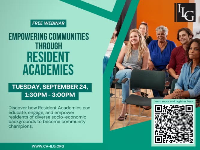 Webinar flyer for "Empowering Communities through Resident Academies" on September 24, 1:30PM-3:00PM, with QR code to register.