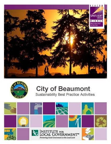 Cover for "City of Beaumont: Sustainability Best Practice Activities" with trees, sunset, and Institute for Local Government logos.