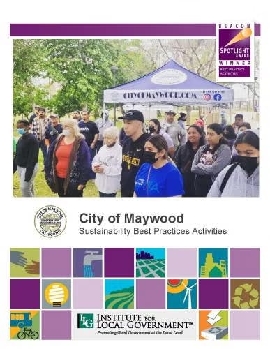 A group of people near a "City of Maywood" tent. The image promotes sustainability activities by the Institute for Local Government.