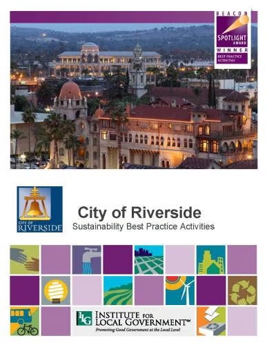 Cityscape of Riverside, California; recognizes sustainability practices. Logos: City of Riverside and Institute for Local Government.