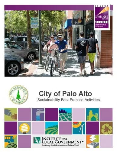 People biking on a street with a sidewalk, surrounded by buildings, featuring City of Palo Alto's sustainability activities.