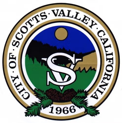 Seal of Scotts Valley, California featuring trees, hills, sun, "SV" initials, "1966."