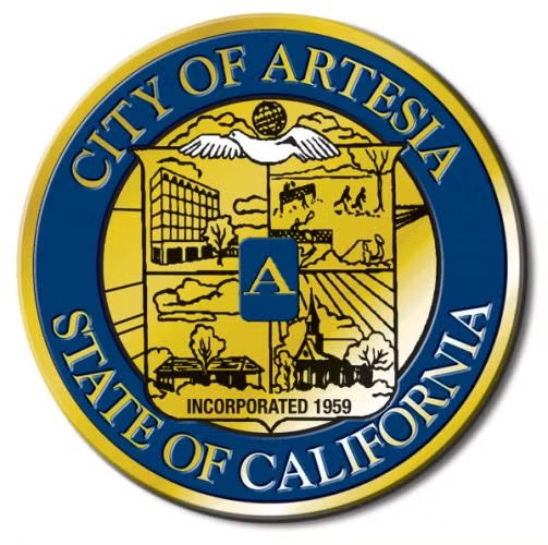 Seal of the City of Artesia, California, showing various symbols including a bird, trees, buildings, and text about its incorporation in 1959.