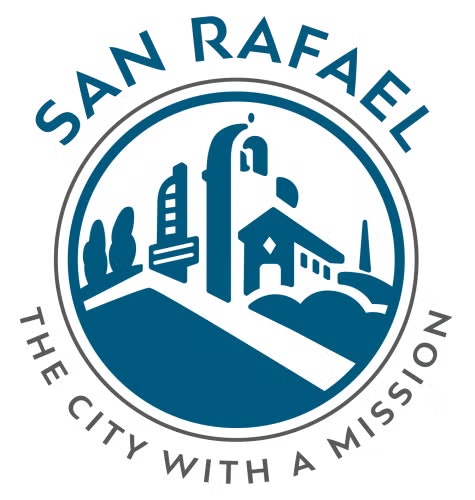 Logo with a mission-style building, text: "SAN RAFAEL, THE CITY WITH A MISSION."