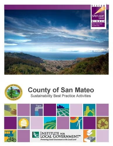 San Mateo County sustainability activities cover features award, scenic view, and colorful icons.