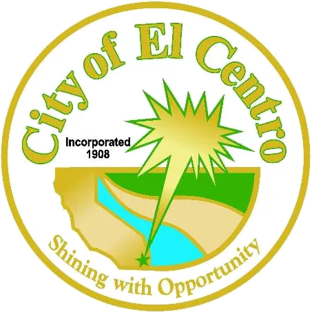 The image is the seal of the City of El Centro, featuring a starburst and the text "Shining with Opportunity," established in 1908.