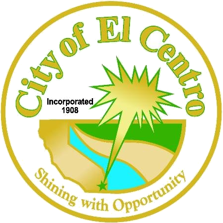 The image is the seal of the City of El Centro, featuring a starburst and the text "Shining with Opportunity," established in 1908.