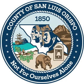 Seal of San Luis Obispo County: features Mt. Rushmore, a ship, bear, bell, oak leaves, mountains, with "1850" and "Not For Ourselves Alone."