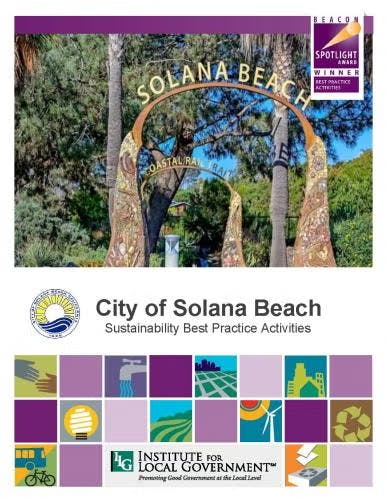 City of Solana Beach cover featuring sustainability activities and an arch at a coastal rail trail.