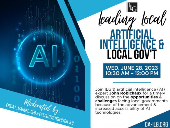 Event on AI and local government, June 28, 2023, 10:30 AM - 12:00 PM, discussing AI opportunities and challenges.