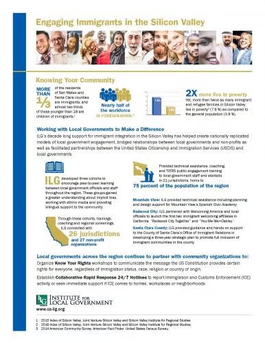 Informational flyer on immigrant support in Silicon Valley, highlighting statistics, local government roles, collaboration, and resources.