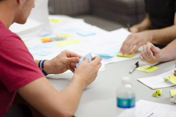 People brainstorming around a table with sticky notes and papers.