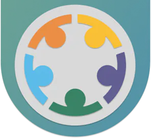 Five abstract figures in a circle with different colors: orange, purple, green, and blue, symbolizing unity.