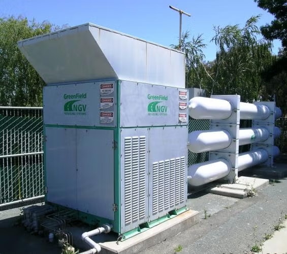 It's a natural gas vehicle (NGV) refueling station with storage tanks and equipment.