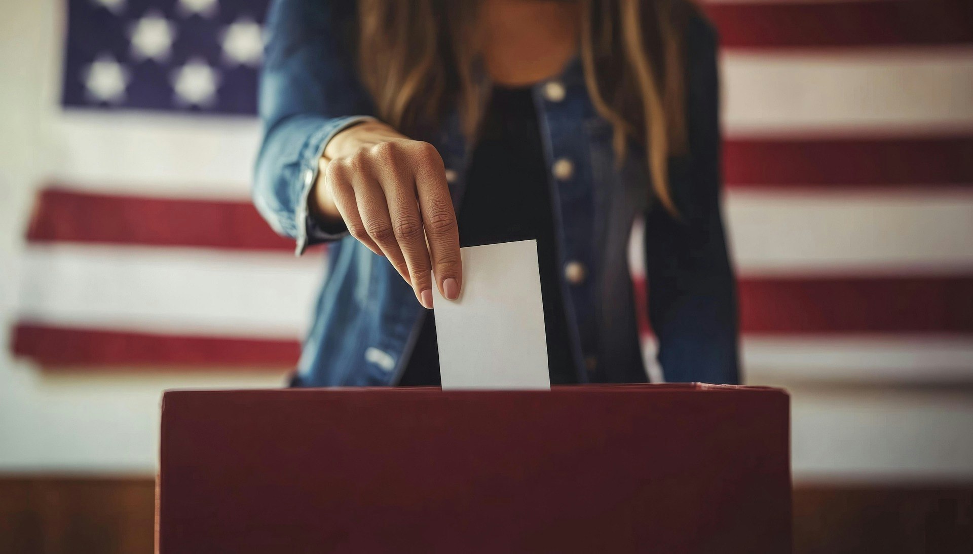 A person is casting a vote into a ballot box, with an American flag in the background.
