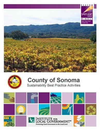A vineyard landscape, "County of Sonoma" text, and graphics promoting sustainability by the Institute for Local Government.