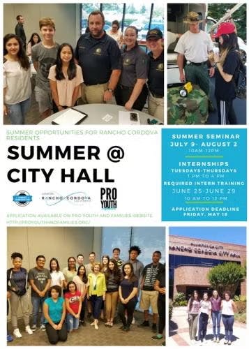 Promotional poster for "Summer @ City Hall," featuring seminar and internship details for Rancho Cordova residents.