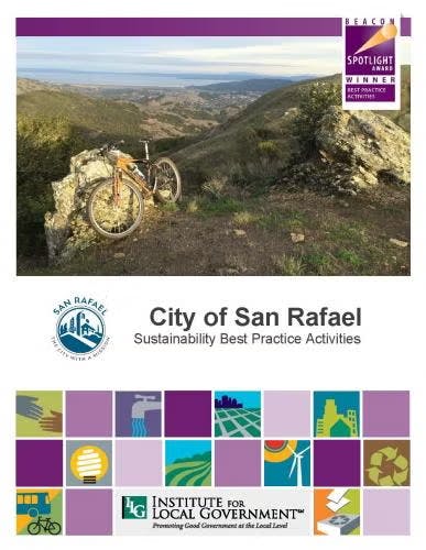 Image of a bicycle on a scenic trail. Text: "City of San Rafael, Sustainability Best Practice Activities." Includes logos and award mention.