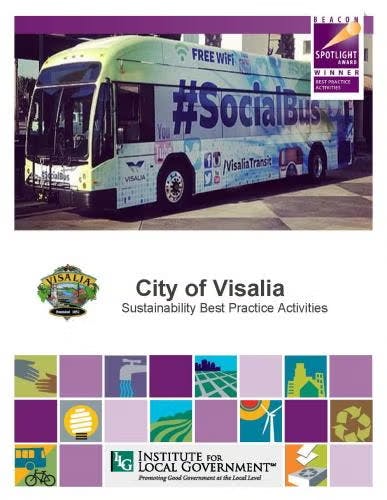 Bus with "#SocialBus" and "FREE WiFi" signs, labeled Visalia Transit, promoting City of Visalia sustainability best practices.