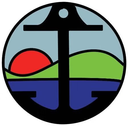 A stylized logo with an anchor over a red sun, green hills, and blue water in a circle.