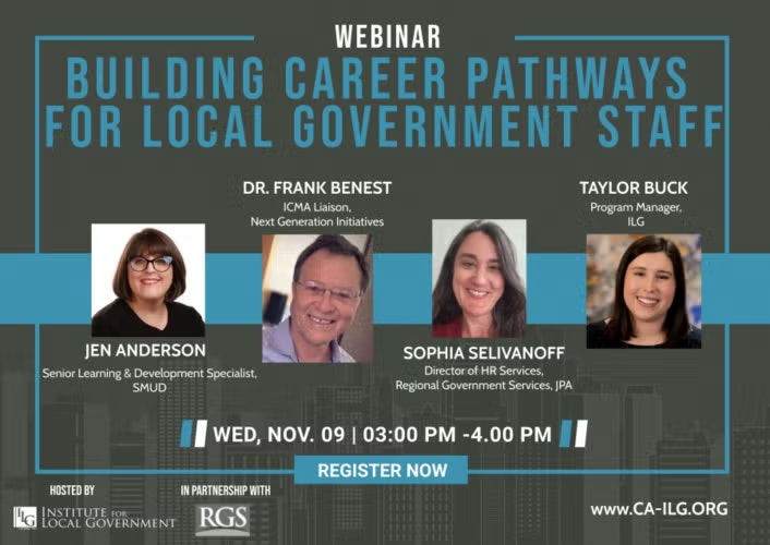 Webinar on career pathways for local government staff, featuring Jen Anderson, Dr. Frank Benest, Sophia Selivanoff, Taylor Buck.