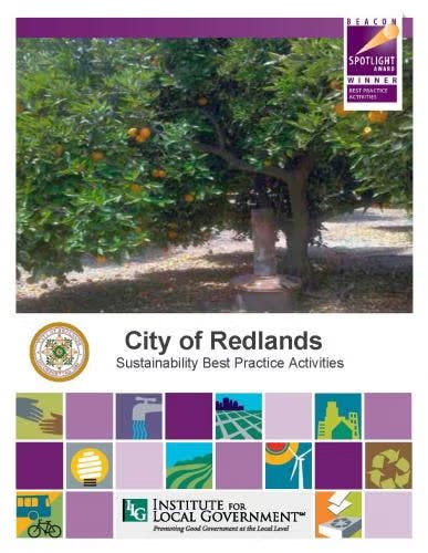 The image shows a tree and text about "City of Redlands Sustainability Best Practice Activities" by the Institute for Local Government.