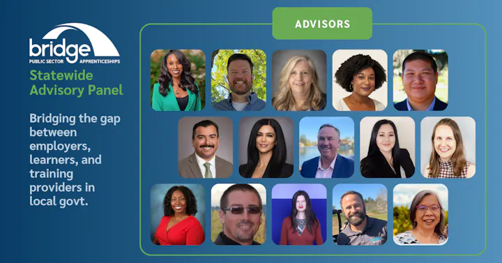 This image showcases a diverse group of advisors on the Bridge Public Sector Apprenticeships Statewide Advisory Panel, promoting collaboration in local government.