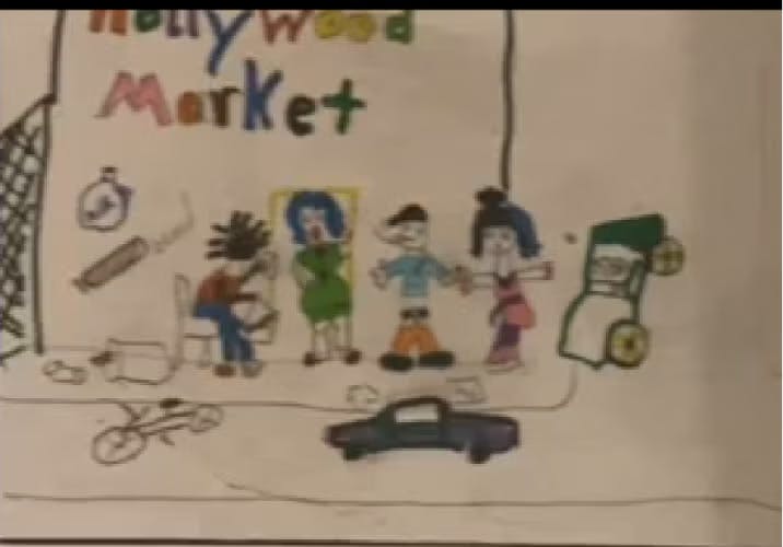 A child's drawing of people outside "Hollywood Market" with a car, a bike, and various items like a clock and a bat visible.