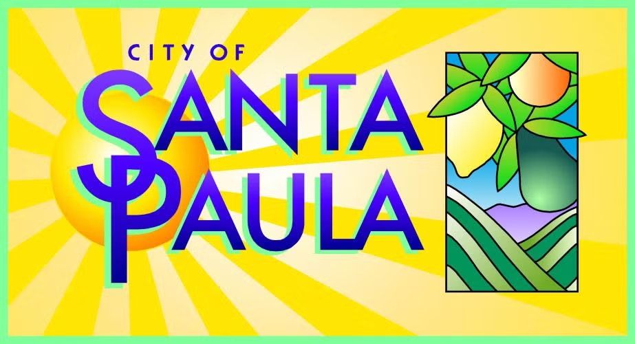"City of Santa Paula" text with a sunny background and a decorative landscape with fruits and leaves.