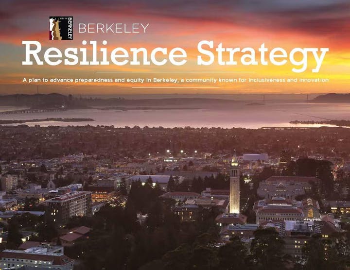 Berkeley’s "Resilience Strategy" cover showing a cityscape at sunset with a tower and bay in the background.