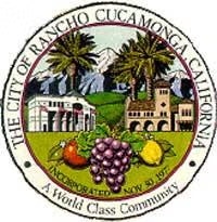 Seal of Rancho Cucamonga, California with mountains, buildings, palm trees, and fruits. Text: "A World Class Community."