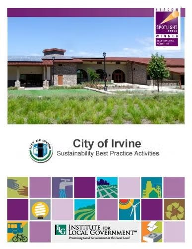 City of Irvine sustainability award, Institute for Local Government, building and icons displayed.